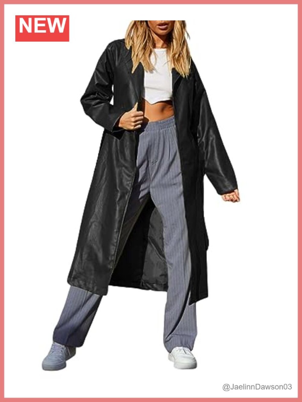 Women's PU Faux Leather Long Trench Coat Open Front Belted Relaxed Fit